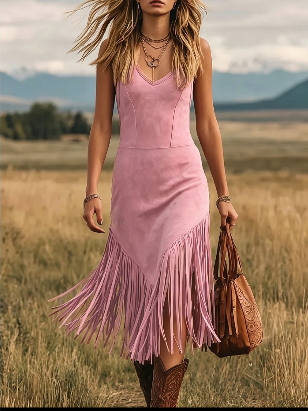 Pink Fringe Suede Slip Dress - Brand